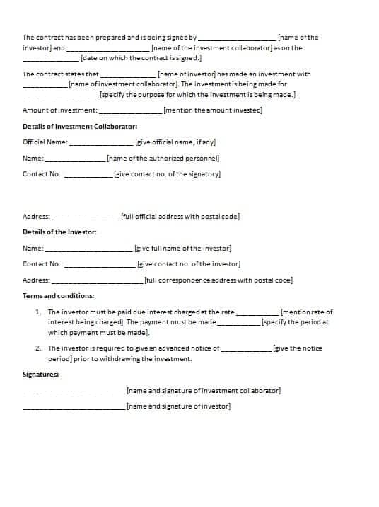 Investor Agreement Contract Investment Contract Template