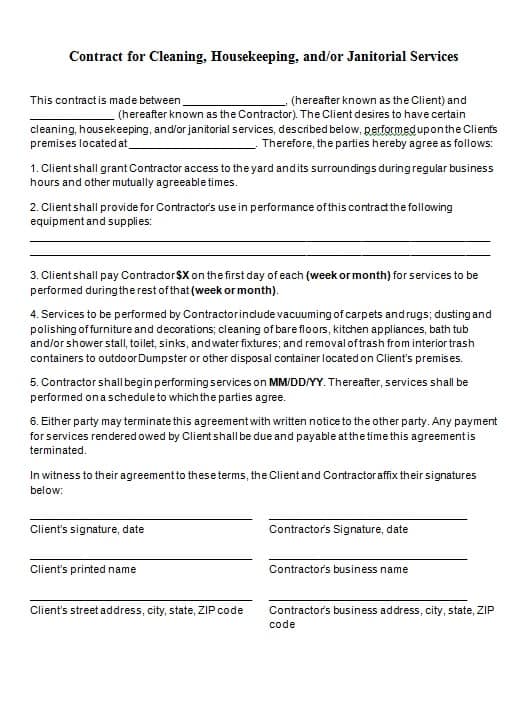 Cleaning Service Agreement Template from www.contractstemplates.org